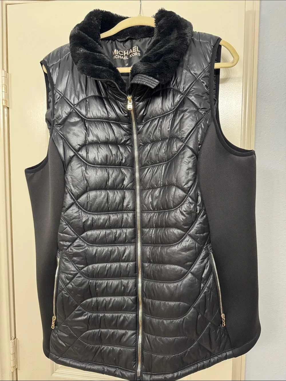 Michael Kors Black Quilted Vest with Faux-Fur Collar